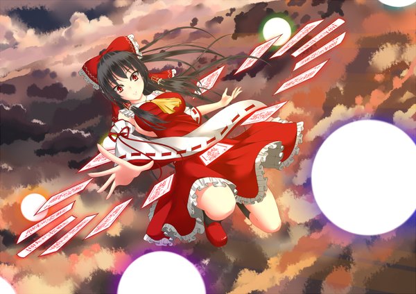 Anime picture 1500x1060 with touhou hakurei reimu gmot single long hair black hair red eyes sky cloud (clouds) traditional clothes miko girl bow hair bow socks black socks ofuda