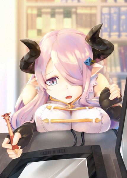 Anime picture 648x906 with granblue fantasy narmaya (granblue fantasy) twilightrain single long hair tall image looking at viewer fringe breasts open mouth blue eyes light erotic large breasts purple hair horn (horns) pointy ears hair over one eye draph girl gloves