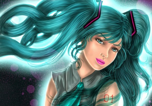 Anime picture 1280x891 with vocaloid hatsune miku single looking at viewer twintails bare shoulders very long hair aqua eyes lips aqua hair lipstick girl necktie