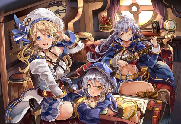 Anime picture 1305x900 with granblue fantasy silva (granblue fantasy) cucouroux (granblue fantasy) camieux himuro (dobu no hotori) long hair looking at viewer blush fringe breasts open mouth blue eyes light erotic blonde hair smile hair between eyes large breasts sitting bare shoulders multiple girls