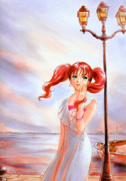 Anime picture 3502x5033 with mahou no stage fancy lala studio pierrot shinohara miho takada akemi single tall image highres short hair twintails green eyes absurdres red hair evening short twintails sunset girl dress earrings water bracelet