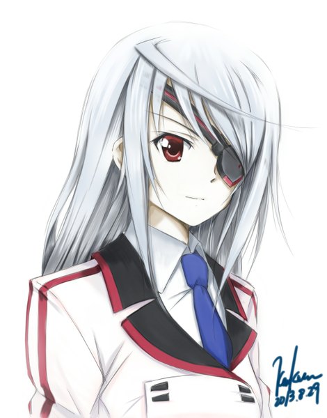 Anime picture 1074x1371 with infinite stratos 8bit laura bodewig kem kem single long hair tall image simple background red eyes white background signed upper body white hair girl uniform school uniform eyepatch