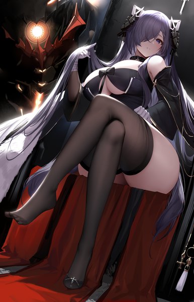 Anime picture 2000x3111 with azur lane august von parseval (azur lane) an yasuri single long hair tall image looking at viewer blush fringe highres breasts light erotic large breasts sitting purple eyes bare shoulders purple hair full body bent knee (knees) head tilt