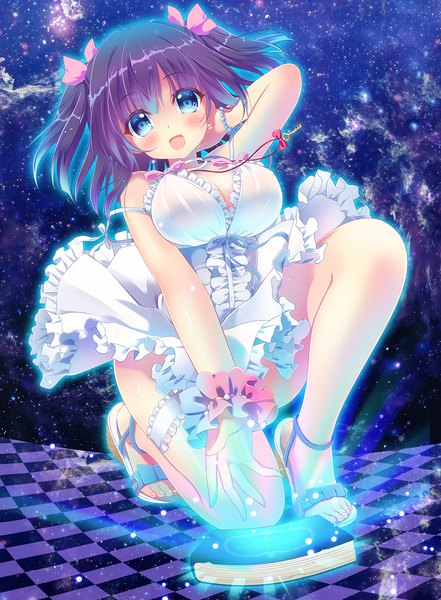 Anime picture 1103x1500 with original pon (ichi rin) single tall image looking at viewer blush fringe short hair breasts open mouth blue eyes light erotic large breasts purple hair full body bent knee (knees) two side up arm behind head checkered floor floor