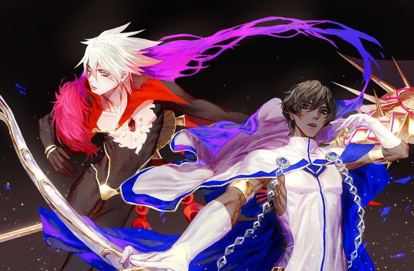 Anime picture 2189x1436 with fate (series) fate/grand order karna (fate) arjuna (fate) daeraeband fringe highres short hair black hair simple background hair between eyes white hair black eyes multiple boys dark skin black background white eyes boy gloves weapon