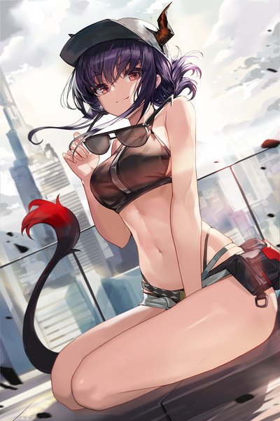 Anime picture 1167x1750 with arknights ch'en (arknights) female tourist c (arknights) goomrrat single tall image looking at viewer fringe short hair breasts light erotic smile hair between eyes sitting bare shoulders holding brown eyes payot sky purple hair