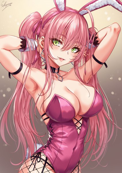 Anime picture 1500x2121 with original sakiyamama single long hair tall image looking at viewer blush fringe breasts open mouth light erotic simple background smile hair between eyes large breasts standing twintails green eyes signed animal ears