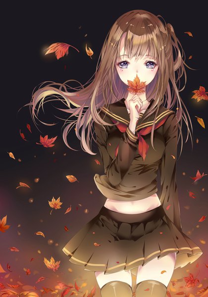Anime picture 1062x1517 with original kinokohime single long hair tall image looking at viewer fringe hair between eyes brown hair purple eyes holding long sleeves pleated skirt wind bare belly covered mouth glow autumn girl skirt