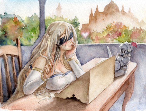 Anime-Bild 1500x1146 mit goblin slayer! white fox goblin slayer sword maiden frank leung single blush breasts light erotic blonde hair smile large breasts sitting holding sky cleavage indoors braid (braids) very long hair chin rest