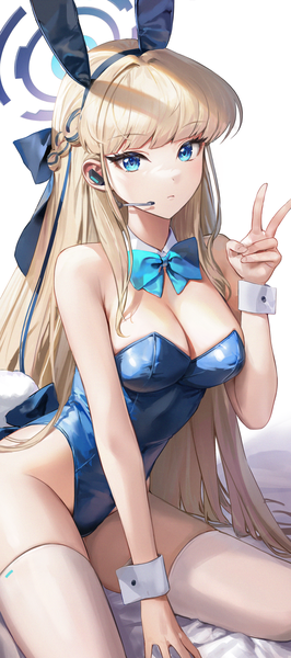 Anime picture 2432x5481 with blue archive toki (blue archive) toki (bunny) (blue archive) bao (840bao) single long hair tall image looking at viewer fringe highres breasts blue eyes light erotic blonde hair sitting animal ears cleavage tail blunt bangs animal tail