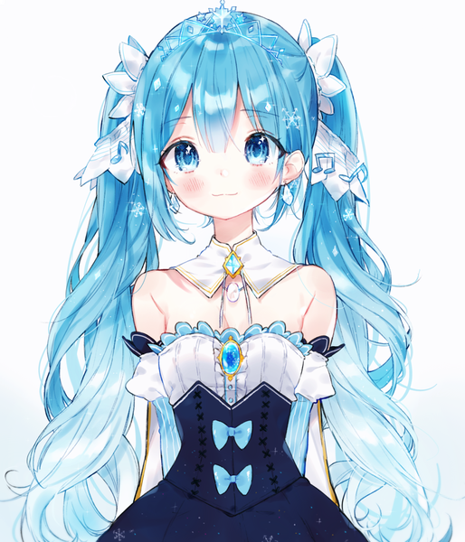 Anime picture 1200x1400 with vocaloid hatsune miku yuki miku yuki miku (2019) nare (17 junana) single long hair tall image looking at viewer blush blue eyes simple background white background twintails blue hair cleavage upper body girl dress bow