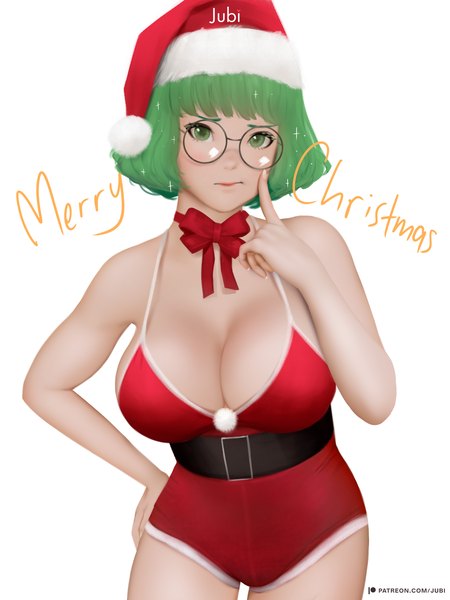 Anime picture 2700x3600 with original momo (jubi) jubi (regiana) single tall image looking at viewer fringe highres short hair breasts light erotic simple background smile white background bare shoulders green eyes signed cleavage blunt bangs fingernails