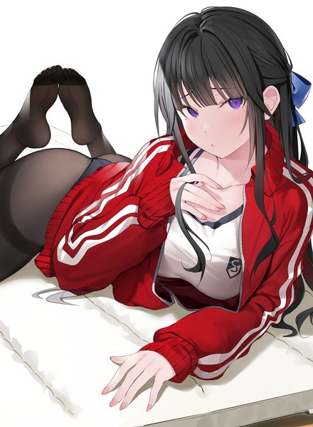 Anime picture 2825x3854 with original xretakex single long hair tall image looking at viewer blush fringe highres breasts light erotic black hair simple background white background purple eyes bent knee (knees) ass lying long sleeves head tilt