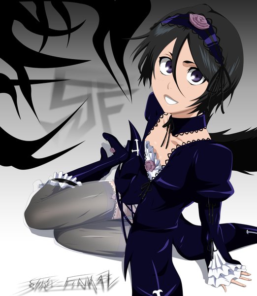 Anime picture 2069x2377 with bleach rozen maiden studio pierrot kuchiki rukia stikyfinkaz-003 single tall image highres short hair black hair smile purple eyes from above cosplay girl thighhighs dress hairband