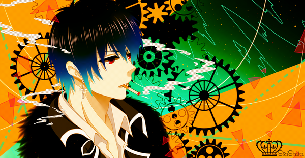 イラスト 2700x1400 と オリジナル seishiki (artist) ソロ highres 短い髪 赤い目 wide image 青い髪 looking away multicolored hair inscription smoke smoking 男性 耳飾り 十字 シガレット