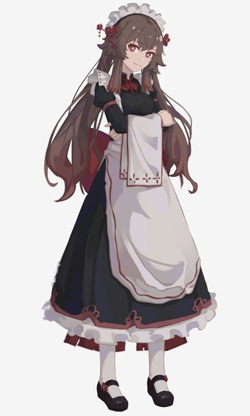 Anime picture 2252x3738 with genshin impact hu tao (genshin impact) yuk233 single long hair tall image looking at viewer fringe highres simple background hair between eyes red eyes brown hair standing white background twintails payot full body light smile maid