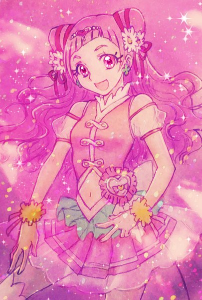 Anime picture 1181x1748 with precure hugtto! precure nono hana cure yell aizen (syoshiyuki) single long hair tall image looking at viewer open mouth bare shoulders pink hair pink eyes bare belly sparkle pink background girl skirt navel earrings
