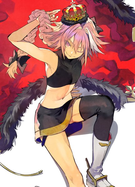 Anime picture 720x1000 with fate (series) fate/grand order fate/apocrypha astolfo (fate) nosaki tsubasa long hair tall image looking at viewer fringe smile hair between eyes sitting payot pink hair bent knee (knees) white hair braid (braids) one eye closed pink eyes multicolored hair