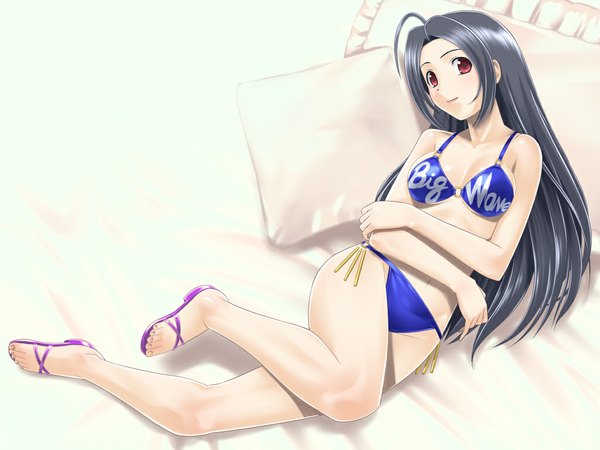 Anime picture 1024x768 with idolmaster miura azusa long hair black hair red eyes ahoge girl swimsuit bikini pillow sandals