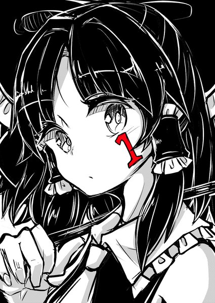 Anime picture 2150x3035 with touhou hakurei reimu baba (baba seimaijo) single tall image looking at viewer highres short hair black hair facial mark monochrome spot color girl ribbon (ribbons) bow hair bow hair tubes ascot number (numbers) gohei