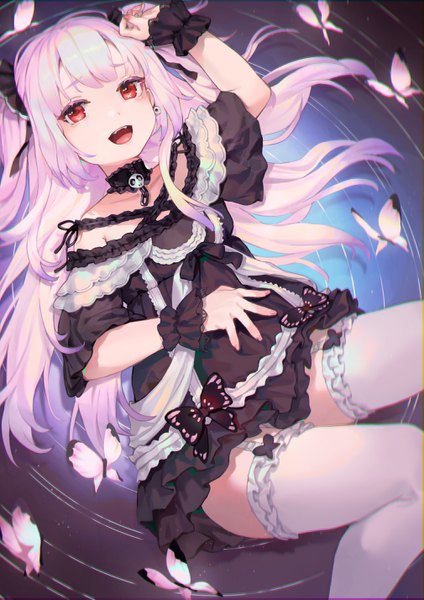 Anime picture 2018x2854 with virtual youtuber hololive uruha rushia uruha rushia (3rd costume) bibimbub single long hair tall image looking at viewer highres open mouth light erotic red eyes pink hair :d two side up frilled dress girl thighhighs dress