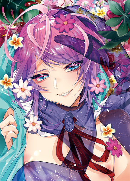 Anime picture 600x835 with hypnosis mic amemura ramuda yanyo (ogino atsuki) tall image looking at viewer short hair blue eyes light erotic smile pink hair nipples solo focus pov transparent boy flower (flowers) hands