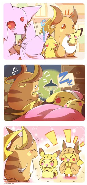 Anime picture 500x1067 with pokemon nintendo pikachu eevee espeon raichu pichu lampent azuma minatsu tall image open mouth signed :d twitter username multiview sleeping no people cosplay gen 1 pokemon gen 2 pokemon