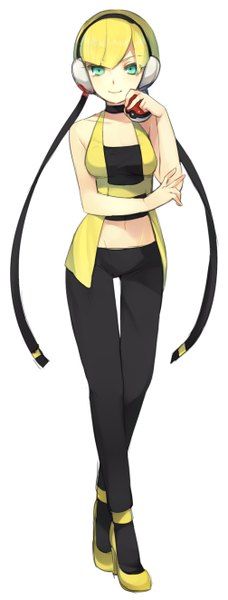 Anime picture 1008x2643 with pokemon pokemon black and white nintendo elesa (pokemon) kippu single tall image looking at viewer fringe short hair simple background blonde hair smile white background aqua eyes midriff victory crossed arms girl headphones