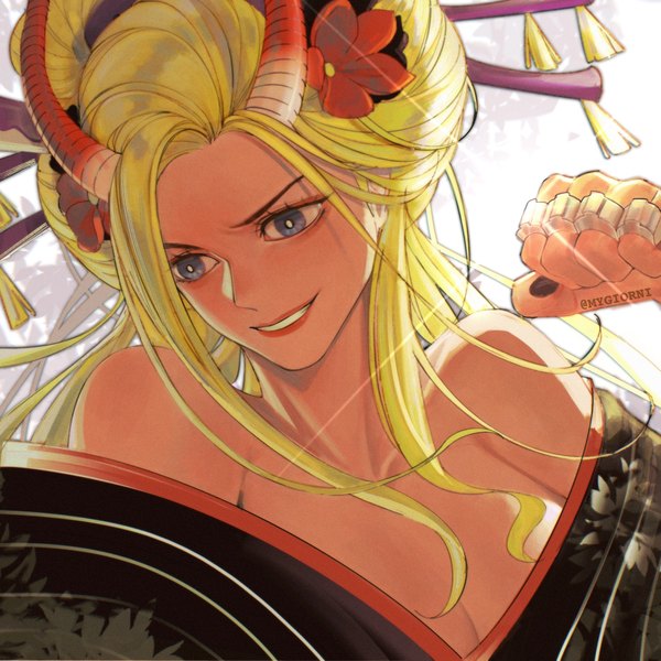 Anime picture 1954x1954 with one piece toei animation black maria (one piece) mygiorni single long hair highres blonde hair smile signed upper body nail polish traditional clothes japanese clothes horn (horns) off shoulder grey eyes twitter username lipstick grin