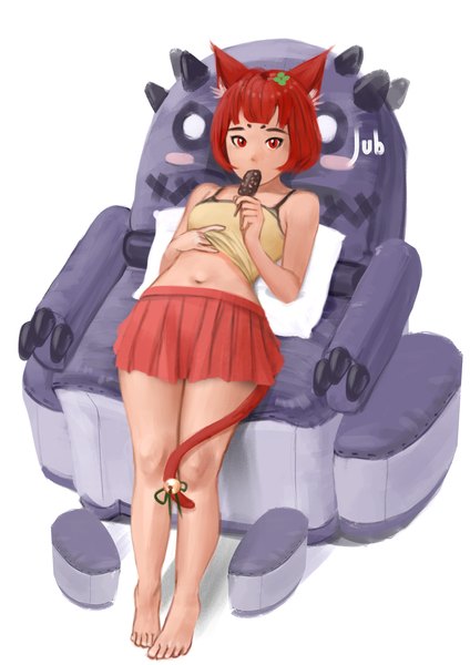Anime picture 1191x1684 with original milk (jubi) jubi (regiana) single tall image looking at viewer short hair breasts light erotic red eyes bare shoulders holding signed animal ears red hair tail animal tail pleated skirt barefoot cat ears