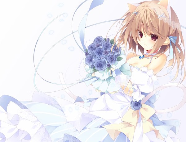 Anime picture 1000x768 with original kisaragi kiriha blush short hair red eyes brown hair white background bare shoulders animal ears girl dress flower (flowers) ribbon (ribbons) bouquet wedding dress