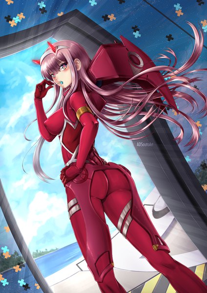 Anime picture 1240x1754 with darling in the franxx studio trigger zero two (darling in the franxx) adsouto single long hair tall image looking at viewer fringe light erotic hair between eyes standing holding green eyes pink hair sky ass looking back horn (horns) from behind