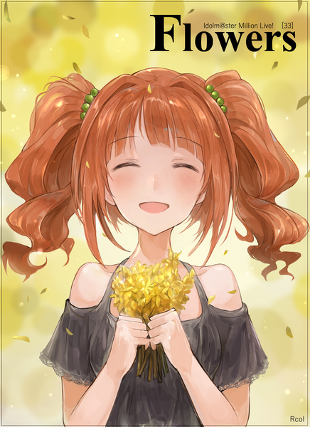 Anime-Bild 1600x2200 mit idolmaster idolmaster (classic) idolmaster million live! idolmaster million live! theater days takatsuki yayoi chan1moon single tall image blush fringe short hair open mouth simple background blonde hair smile brown hair twintails bare shoulders holding signed