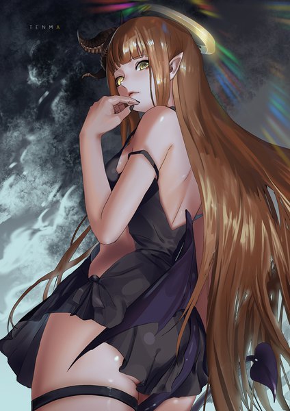 Anime picture 1240x1754 with virtual youtuber liyou-ryon single long hair tall image looking at viewer fringe light erotic brown hair standing yellow eyes tail blunt bangs nail polish horn (horns) fingernails pointy ears from below strap slip bare back