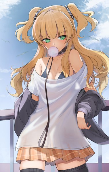 Anime picture 1400x2212 with idolmaster idolmaster cinderella girls jougasaki rika sharpheon single long hair tall image light erotic blonde hair standing green eyes looking away sky cloud (clouds) off shoulder two side up zettai ryouiki bubble blowing girl skirt