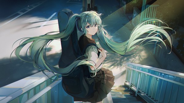 Anime picture 3352x1884 with vocaloid hatsune miku kita (kitairoha) single looking at viewer fringe highres hair between eyes wide image twintails green eyes outdoors very long hair pleated skirt looking back green hair wind girl skirt uniform