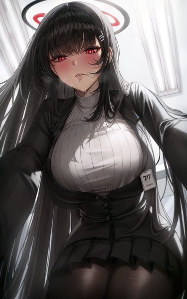 Anime picture 2764x4420 with blue archive rio (blue archive) ryu o single tall image looking at viewer blush fringe highres black hair red eyes standing indoors blunt bangs very long hair parted lips pleated skirt sweat leaning leaning forward