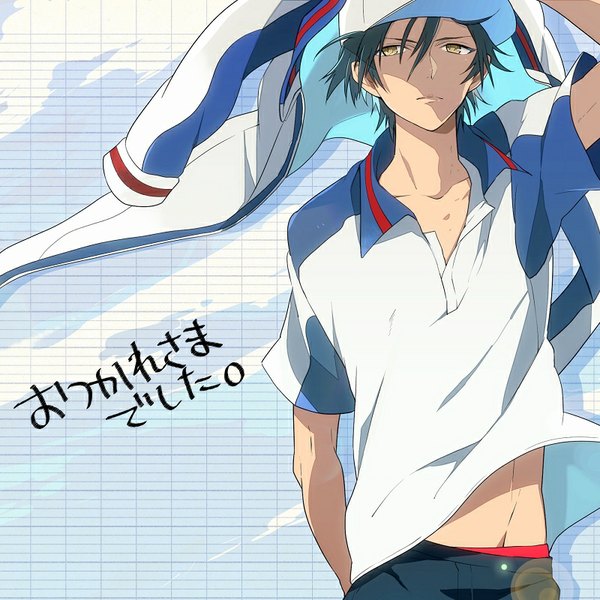 Anime picture 800x800 with prince of tennis echizen ryoma nic (kevin) single short hair black hair yellow eyes looking away arm up wind bare belly text groin open collar boy uniform underwear panties gym uniform baseball cap