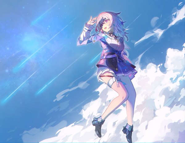 Anime picture 3732x2894 with honkai: star rail honkai (series) march 7th (honkai: star rail) qingli green single highres short hair open mouth pink hair absurdres sky cloud (clouds) full body :d pink eyes arm up bare legs shaded face midair girl