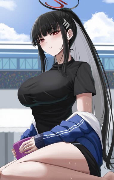 Anime picture 1556x2446 with blue archive rio (blue archive) yamikyon single long hair tall image looking at viewer fringe breasts light erotic black hair red eyes large breasts payot sky cloud (clouds) outdoors ponytail blunt bangs parted lips