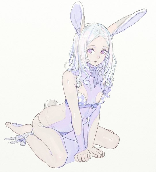 Anime picture 2737x3033 with original nagisa kurousagi single tall image looking at viewer highres short hair breasts open mouth light erotic simple background white background sitting purple eyes animal ears white hair tail animal tail barefoot bunny ears