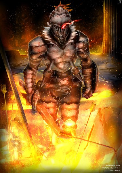 Anime picture 848x1200 with goblin slayer! white fox goblin slayer jcstr single tall image looking at viewer red eyes holding signed full body outdoors night copyright name fur trim character names glowing glowing eye (eyes) dirty boy