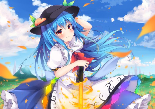 Anime picture 2047x1447 with touhou hinanawi tenshi sisterakuma single long hair blush fringe highres smile hair between eyes red eyes blue hair sky cloud (clouds) outdoors wind puffy sleeves girl weapon hat