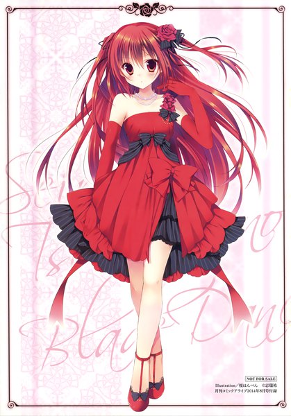 Anime picture 1943x2782 with seirei tsukai no blade dance claire rouge sakura hanpen single tall image looking at viewer blush fringe highres breasts hair between eyes red eyes standing bare shoulders full body red hair very long hair hair flower official art two side up