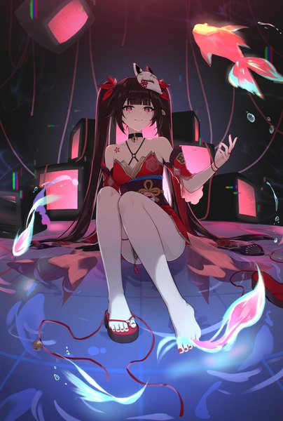 Anime-Bild 2315x3440 mit honkai: star rail honkai (series) sparkle (honkai: star rail) orchis ai single long hair tall image looking at viewer fringe highres breasts light erotic black hair smile red eyes sitting twintails bare shoulders payot bent knee (knees)
