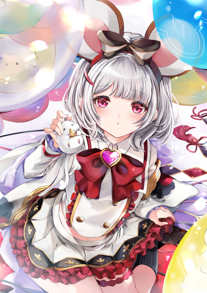 Anime picture 1240x1760 with granblue fantasy vikala (granblue fantasy) hinahino single tall image looking at viewer blush fringe short hair open mouth red eyes sitting holding animal ears silver hair blunt bangs long sleeves :o midriff frilly skirt