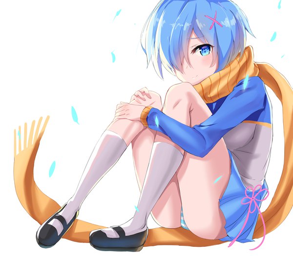 Anime picture 4311x3779 with re:zero kara hajimeru isekai seikatsu white fox rem (re:zero) c3yooooo single looking at viewer blush fringe highres short hair blue eyes light erotic simple background white background sitting blue hair absurdres full body bent knee (knees) long sleeves