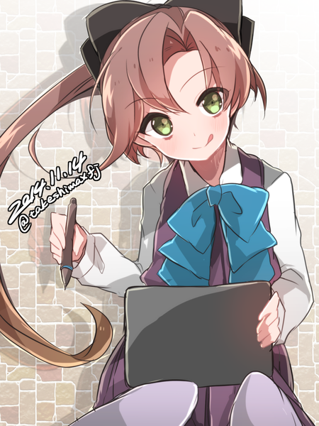 Anime picture 1024x1365 with kantai collection akigumo destroyer takeshima eku single long hair tall image looking at viewer blush smile brown hair green eyes signed ponytail shadow girl bow hair bow pantyhose tongue
