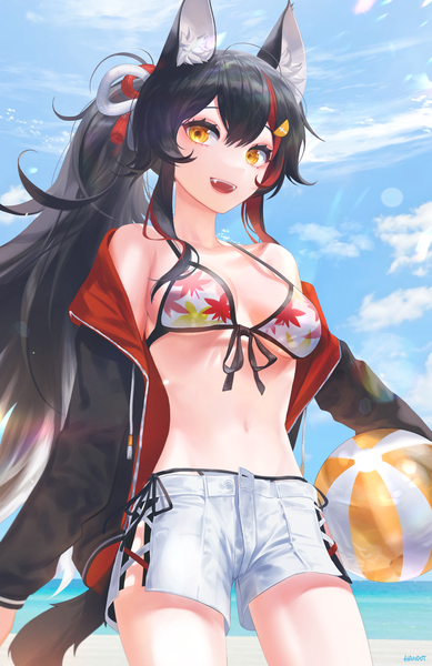 Anime picture 2690x4147 with virtual youtuber hololive ookami mio ookami mio (summer vacation) handot (d yot ) single long hair tall image fringe highres open mouth light erotic black hair hair between eyes animal ears yellow eyes sky cloud (clouds) ponytail tail