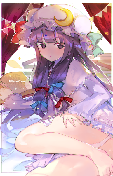 Anime picture 600x930 with touhou patchouli knowledge atsumi jun single long hair tall image looking at viewer fringe light erotic purple eyes purple hair blunt bangs border reclining tress ribbon girl dress underwear panties ribbon (ribbons)